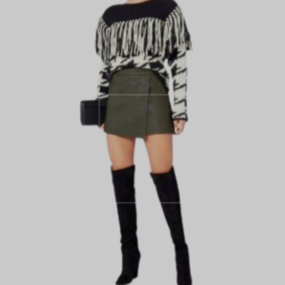 Intermix Jadyn Lambskin Leather Faux Wrap Green Gray Mini Skirt